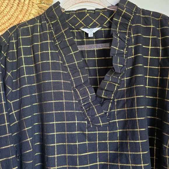 Crown & Ivy, Black & Metallic Gold Plaid Ruffle Neck Popover Shirt, Size 3X - Picture 2 of 9